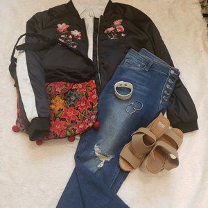 Blue Rain Floral Bomber Jacket